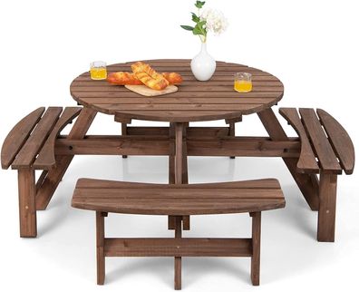 Picknicktisch Set Holz für 8 Personen, Gartentisch mit Schirmloch & 4 Bänken