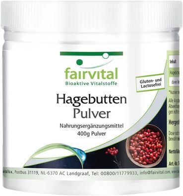 Hagebutten Pulver - 400g, Natürliche Quelle für Vitamin C, 100% pur fairvital