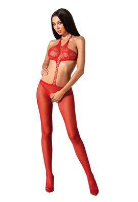 Sexy Netz Catsuit Rot Neckholder Bodysuit mit offenem Schritt One Size S-L