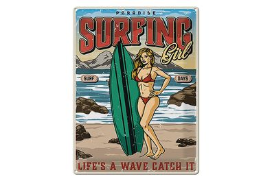 Blechschild Pinup 30x40 cm Surfing Girl Paradise Sommer Deko Schild tin sign