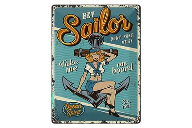 Blechschild Retro 30x40 cm Pinup hey Sailor Ocean spirit See Deko Schild tin sign