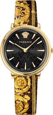 Versace VBP130017 V-Circle Tribute Edition schwarz gold Leder Damen Uhr NEU
