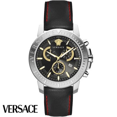 Versace VE2E00121 New Chrono silber schwarz Leder Herren Uhr NEU
