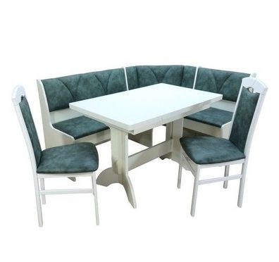 Eckbankgruppe 124 x 165 cm wechselbar, Auszugtisch und 2 Stühle, weiß, Bezug opal