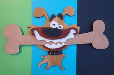 Wandbild Hund mit Knochen aus Holz, handgemacht, Kinderzimmer