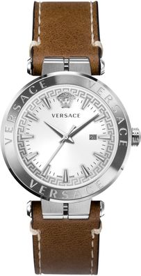 Versace VE2G00121 Aion Indiglo weiss silber braun Leder Armband Uhr Herren NEU