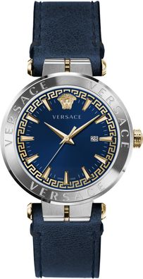 Versace VE2G00221 Aion Indiglo silber gold blau Leder Armband Uhr Herren NEU