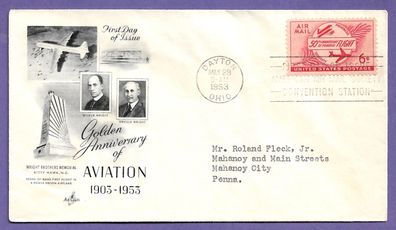 FDC USA Flugpostmarke 50 Jahre Motorflug 29.5.1953 Aviation