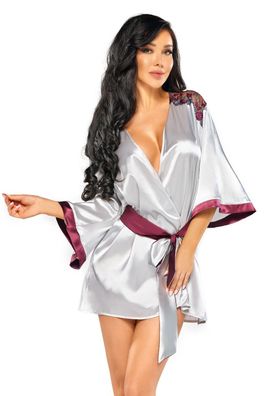 Sexy Kimono Silber/ Weinrot Morgenmantel aus Satin und Spitze One Size S - L