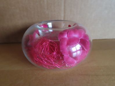 Teelichthalter glas rund innen pink Stoffrosen
