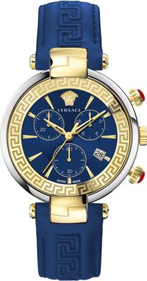 Versace VE2M00221 Revive Chrono gold silber blau Leder Armband Uhr Damen NEU