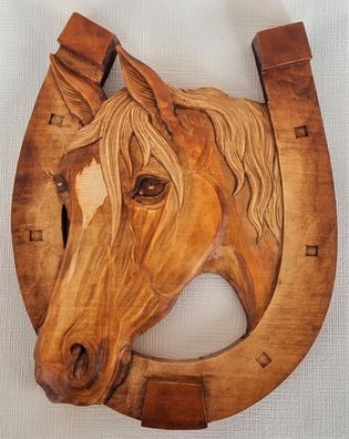 Holzbild Pferdekopf im Hufeisen Wandrelief Schnitzerei Handarbeit Massivholz (1)