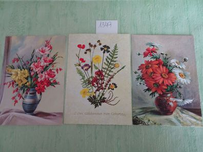 3 alte Postkarten AK Sü Verlag West Germany Strukturkarton Blumen