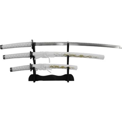 3-tlg. Deko Samurai Set White Dragon, Katana, Wakizashi, Tanto mit Ständer