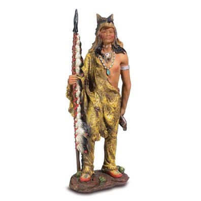 Western Figur Indianer mit Speer in der Hand und Wolfskopf Haube