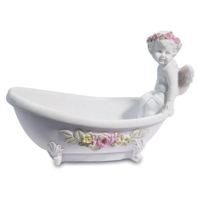 Auf Badewanne sitzendes Engelchen rosa Blütenkranz auf dem Kopf
