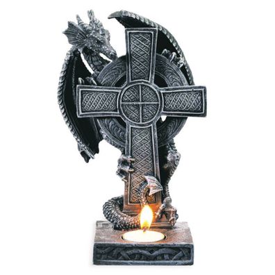 Teelichthalter Drache steht hinter einem keltischen Kreuz
