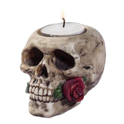 Teelichthalter Totenkopf mit Rose im Mund