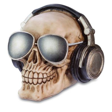 Musik hörender Totenkopf mit Brille und Kopfhörer