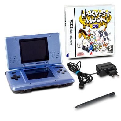 DS Handheld Konsole metallic hellblau #60A + Ladekabel + Spiel Harvest Moon DS