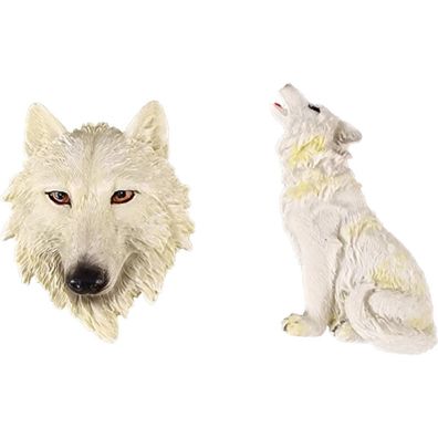 2er Set kleine Magnete sitzender weißer Wolf und weißer Wolfskopf