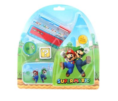 Super Mario 6-teiliges Schulset, Bleistiftbox, Radierer, Spitzer, Stift, Lineal
