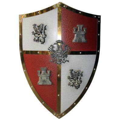 Ritterschild aus Metall, rot-weiß Löwen und Burgenmotive