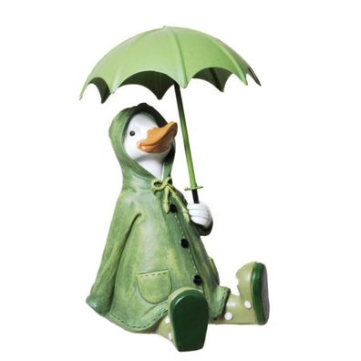 Regenmantel-Ente mit Regenschirm, sitzend