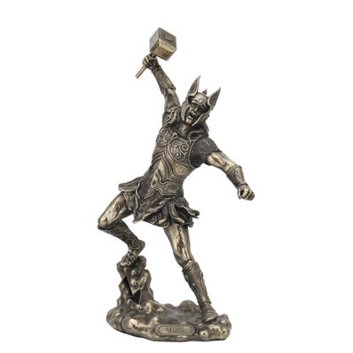 Bronze colorierte Figur nordischer Gott Thor in Rüstung schlägt mit Hammer