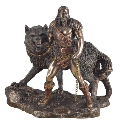 Bronze colorierte Figur Tyr Wikinger Germanischer Gott mit Fenriswolf