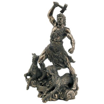 Bronzierte Figur Thor Gott der Wikinger mit Ziegenböcke