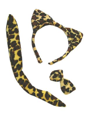 Set Leopard Ohren Haarreif Schwanz Fliege Tier Kostüm Zubehör Karneval Fasching