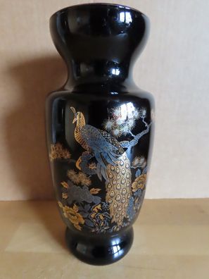 Vase Glasvase schwarz mit goldfarbenem Pfau u. Blumen / ca. 20 cm H