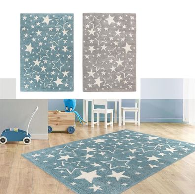 Kinderteppich Blau Grau Sterne Motiv Teppich Kinderzimmer Stern Muster