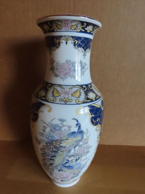 Vase Keramik rund blau weiß bunt mit Pfauen / ca. 20,5 cm H