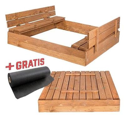 Sandkasten Imprägniert Sandbox mit Deckel Sitzbänken Holz 120x120 cm + Geotextil