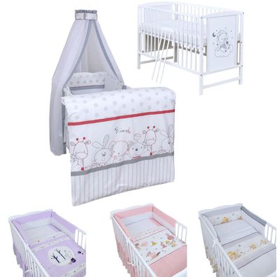 Babybett Kinderbett Gitterbett Mia Traumbär weiß 120x60 Bettwäsche Set Komplett