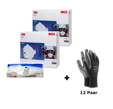 20x 3M 9332 Aura Atemschutzmaske FFP3 mit Ventil Staubmaske + 12 Paar Handschuhe