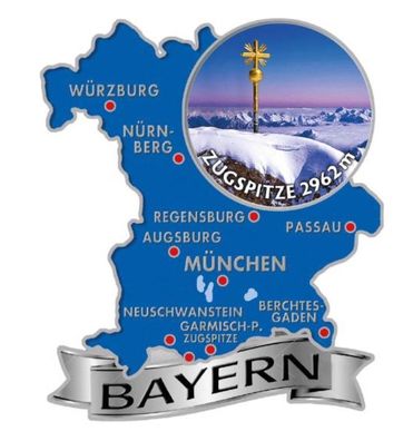 Zugspitze Bayern Germany Metall Magnet blau Souvenir Landkarte Deutschland