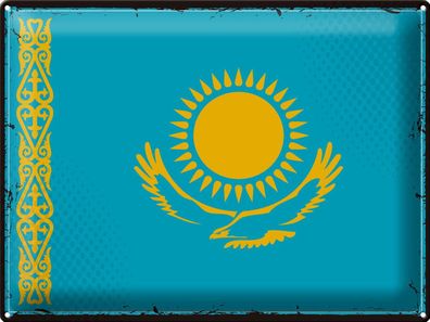Blechschild Flagge Kasachstan 40x30 cm Retro Kazakhstan Deko Schild tin sign