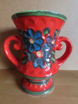 Vase Keramik rot mit grünen Streifen und bunten Blumen/56