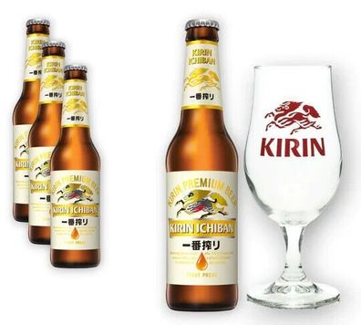 3x Kirin Ichiban Bier 0,3l + Original Bierglas/ Pint 0,2l- Japanisches Premium Bier