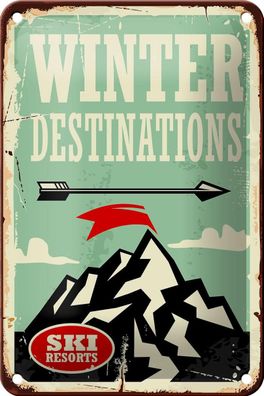 Blechschild Retro 12x18 cm Ski winter destinations Deko Schild tin sign
