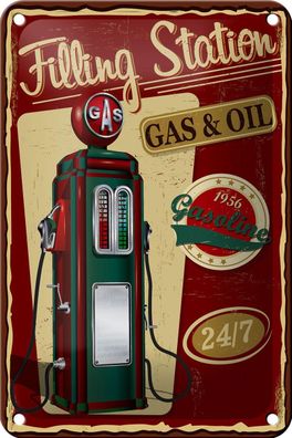 Blechschild Retro 12x18cm Gasoline filling station gas 24/7 Deko Schild tin sign