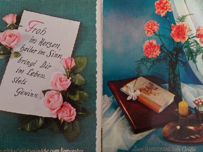 2 alte Postkarte AK Lang JLM Namenstag Froh im Herzen Vers "Zigarrettenspender"