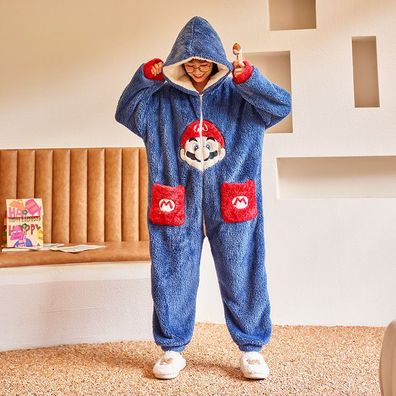 Super Mario EinStück Hooded Pyjama Plus Velvet Winter Cosplay Kostüm Schlafanzug