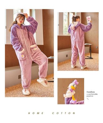 Damen Donald Duck One-Piece Hooded Pyjama Plus Velvet Winter Cosplay Schlafanzug