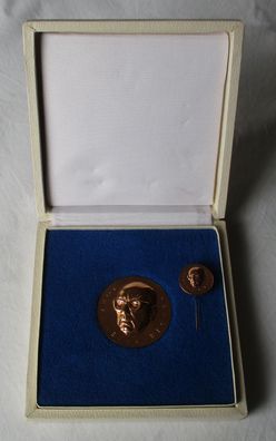 seltene DDR Medaille Johannes R. Becher bronze + Etui + Miniatur Anstecknadel /101042