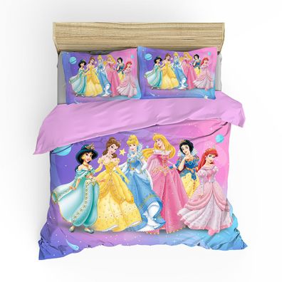3tlg. Snow White Belle Bettbezug Set Ariel Cinderella Bettwäsche Kissenbezug