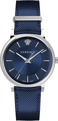 Versace VE5A00120 V-Circle Gent silber blau Leder Armband Uhr Herren NEU